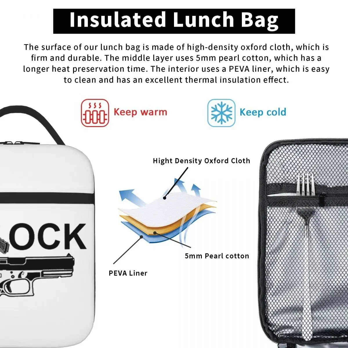 Glock USA Handgun Lunch Bags Insulated Lunch Tote Portable Thermal Bag Leakproof Picnic Bags for Woman Work Children School