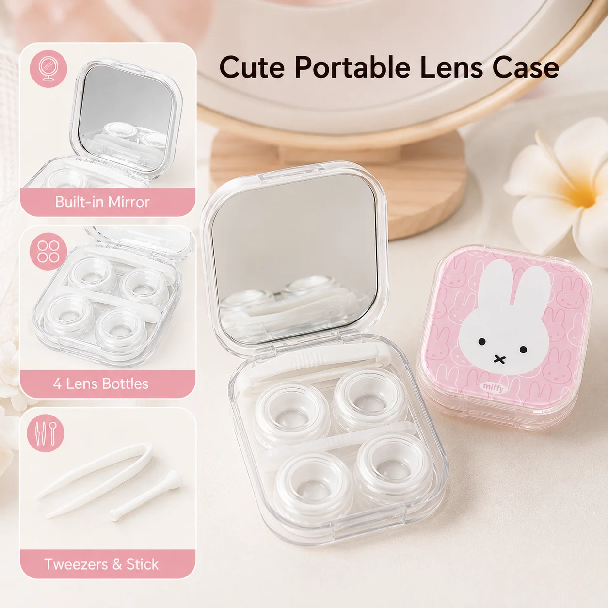 Cute Miffy Rabbit Contact Lens Case With Built‑in Mirror Portable Mini Contact Lenses Storage Box Travel Lens Containe