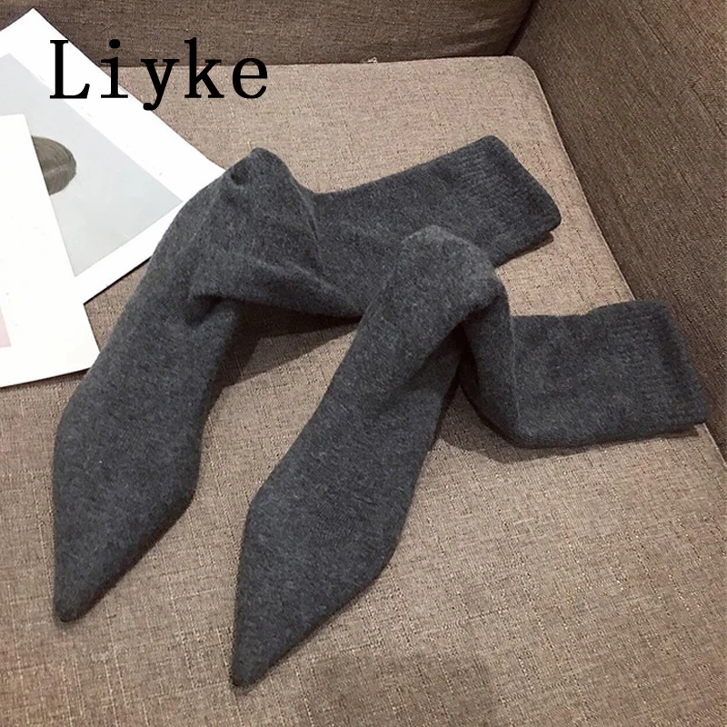 Liyke New Fashion Pointed Toe Thigh High Sock Boots Women Knitting Stretch Fabric Casual Low Thin Heels Over The Knee Shoes Gray