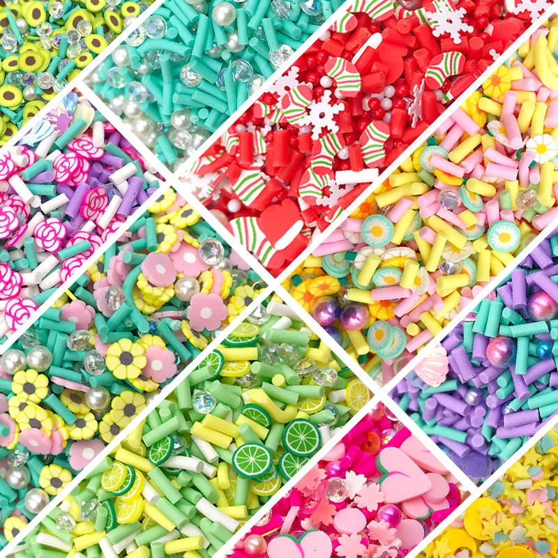 50g/lot Mixed Pearl Rhinestone Fruit Slices Polymer Clay Sprinkles for Crafts DIY Making Slime Filling Material Accessories