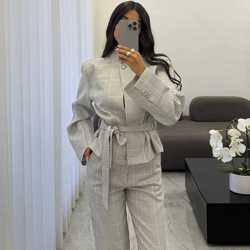 Women's Commute Plaid Set Stand Collar Belt Jacket High Waist Straight Blazer Capri Pants Autumn New Office Chic 2 Piece Outfit