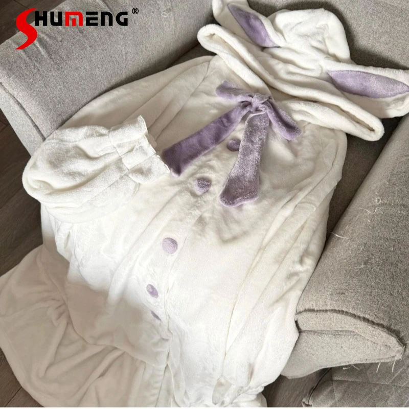 

Original Rabbit Ear Long White Pajamas Women's Autumn Winter Long Sleeve Homewear Female Japanese Style Hooded Robes