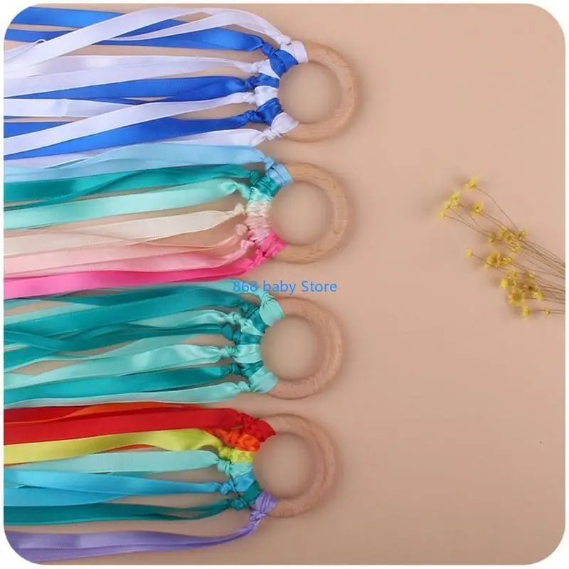 

29EE Baby Ribbon Wooden Ring Teether Nursing Chewing Teething Toy Bracelets