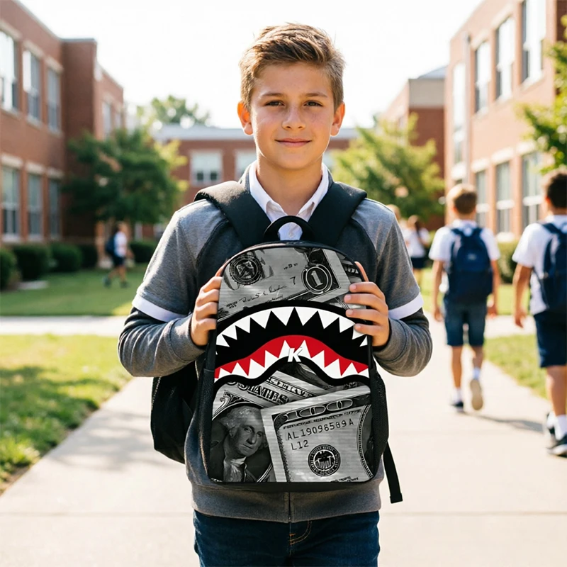 STREET Trendy Shark Graphic Backpack Graffiti Art Cartoon Print School Backpack Lightweight Casual Daypack for Students Travel