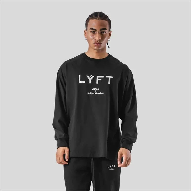 LYFT Classics Print Long Sleeve 100% Cotton Men T-shirt Gym Fitness Bodybuilding Workout Casual T Shirt Male Sport Tee Tops