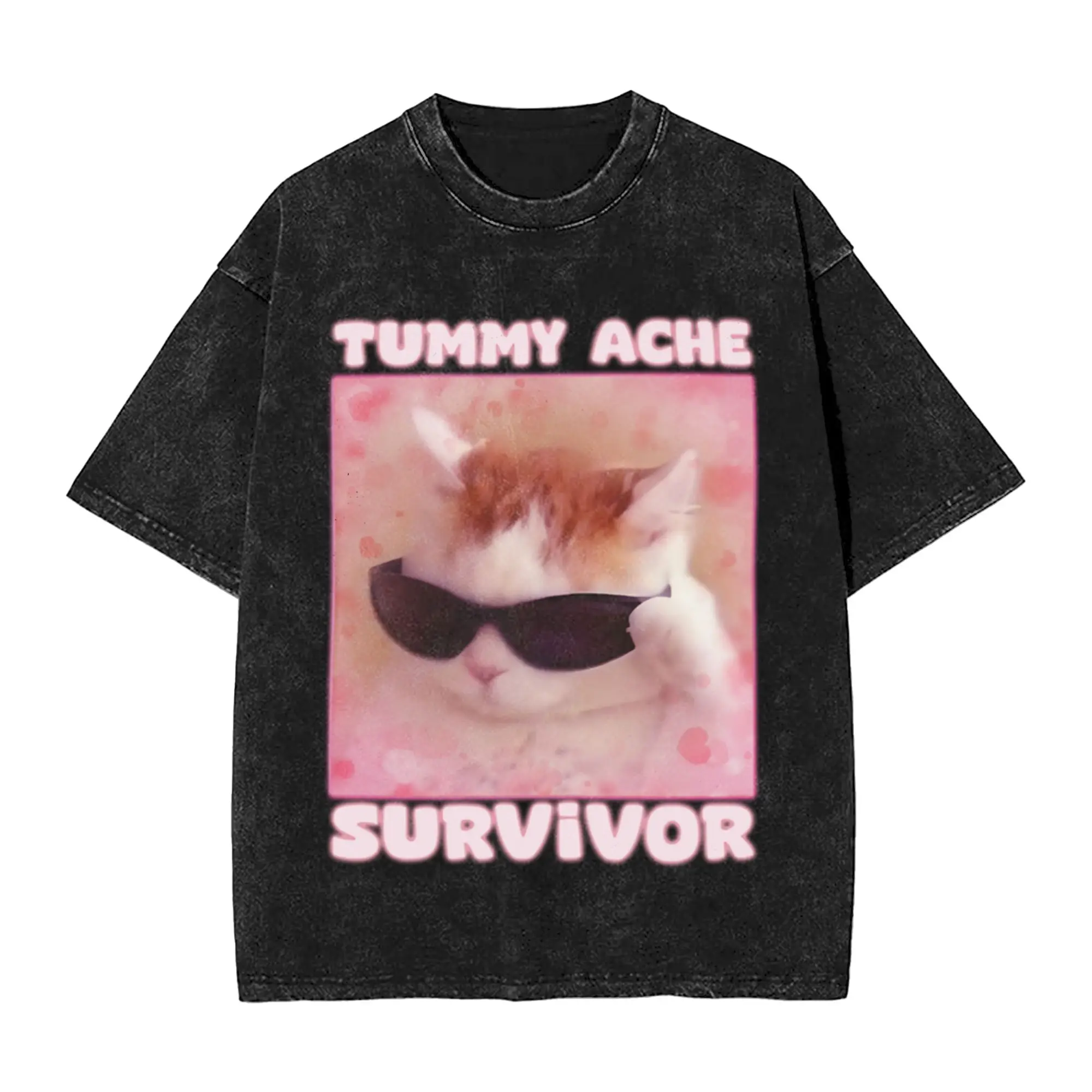 Tummy Ache Survivor Funny Cat Meme Classic Comfort A T-Shirt Oversized Short Sleeve Men's Women's Cotton Tees Tops