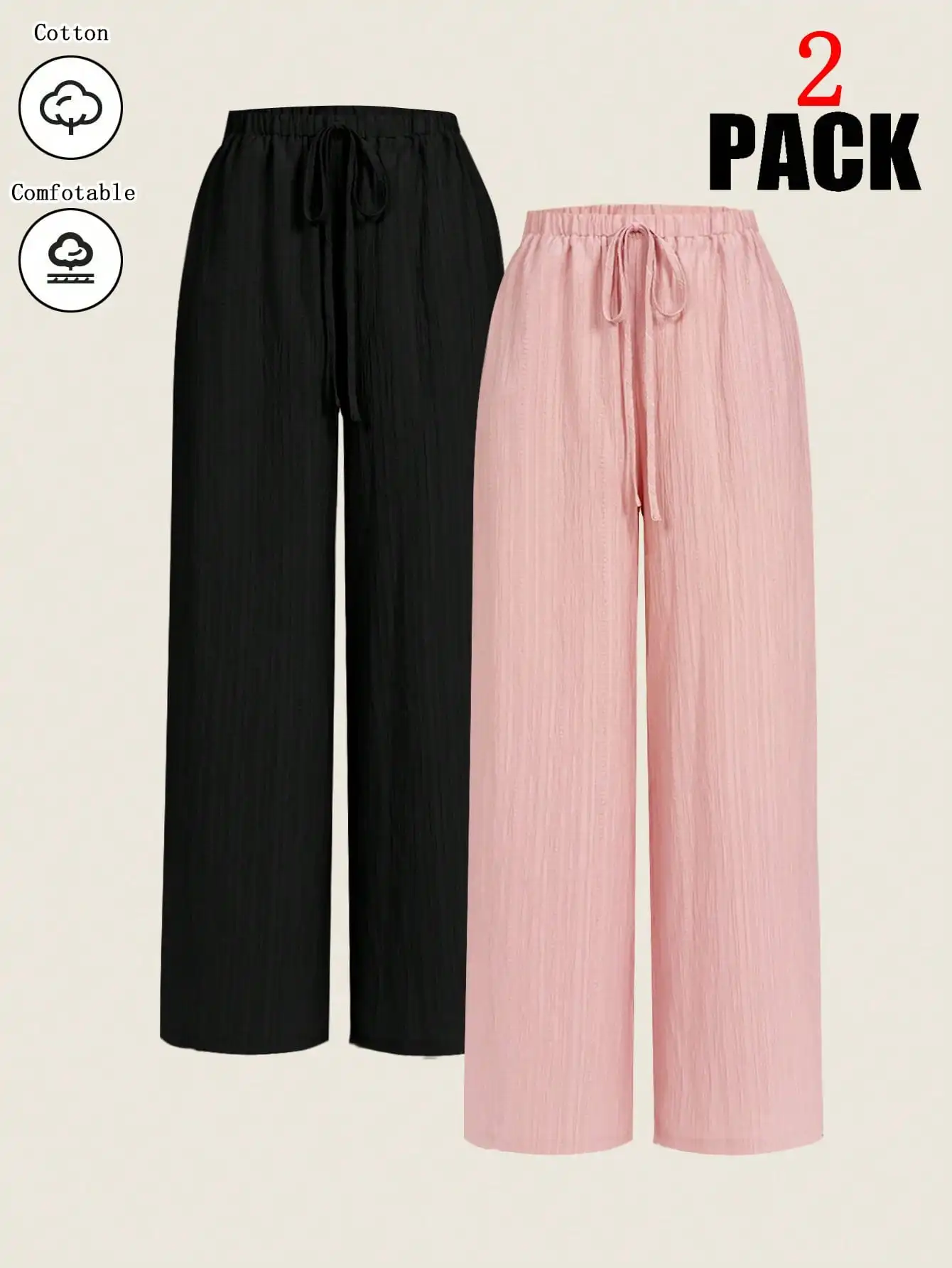 2 Pack Women Loose Wide Leg Trousers Drawstring Waist Casual Straight Long Pants Daily Outfit Wear Bottoms