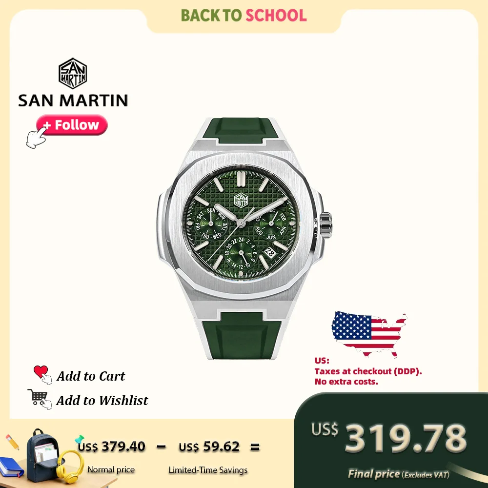 

San Martin 43 мм Роскошные мужские часы Деловые многофункциональные автоматические механические часы Miyota 9120 Светящиеся водонепроницаемые SN0075