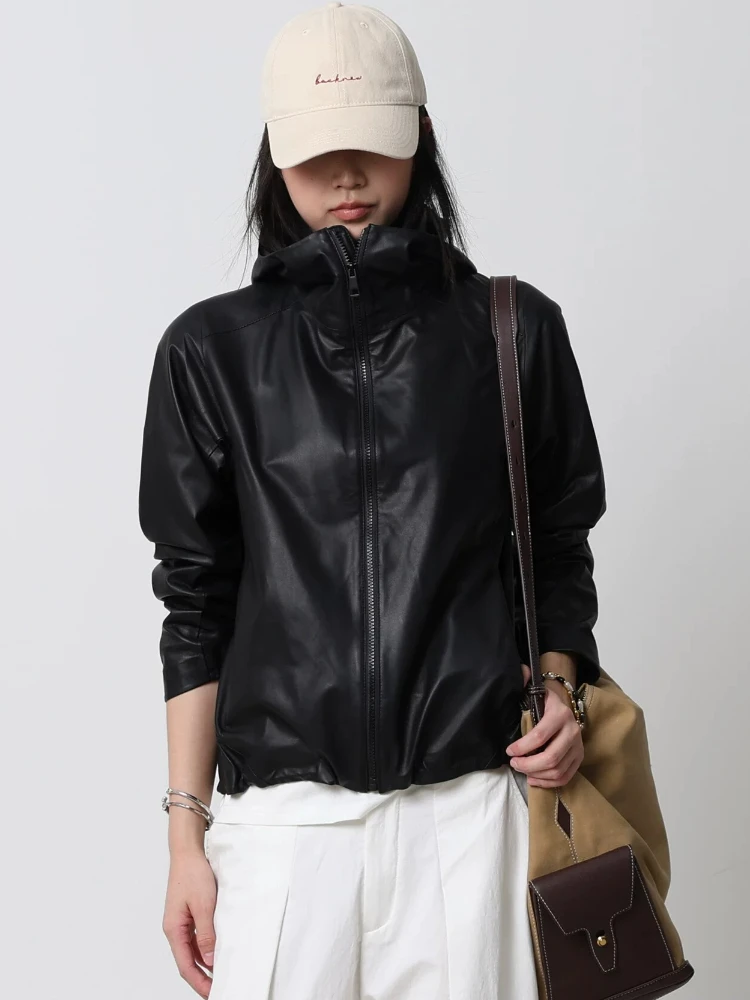 Lässige Kapuzenjacken aus Echtem Leder für Damen Frühling Herbst 2026 Neue Dünne Hochwertige Schlichte Weiche Schwarze Echtleder-Schafslederjacke