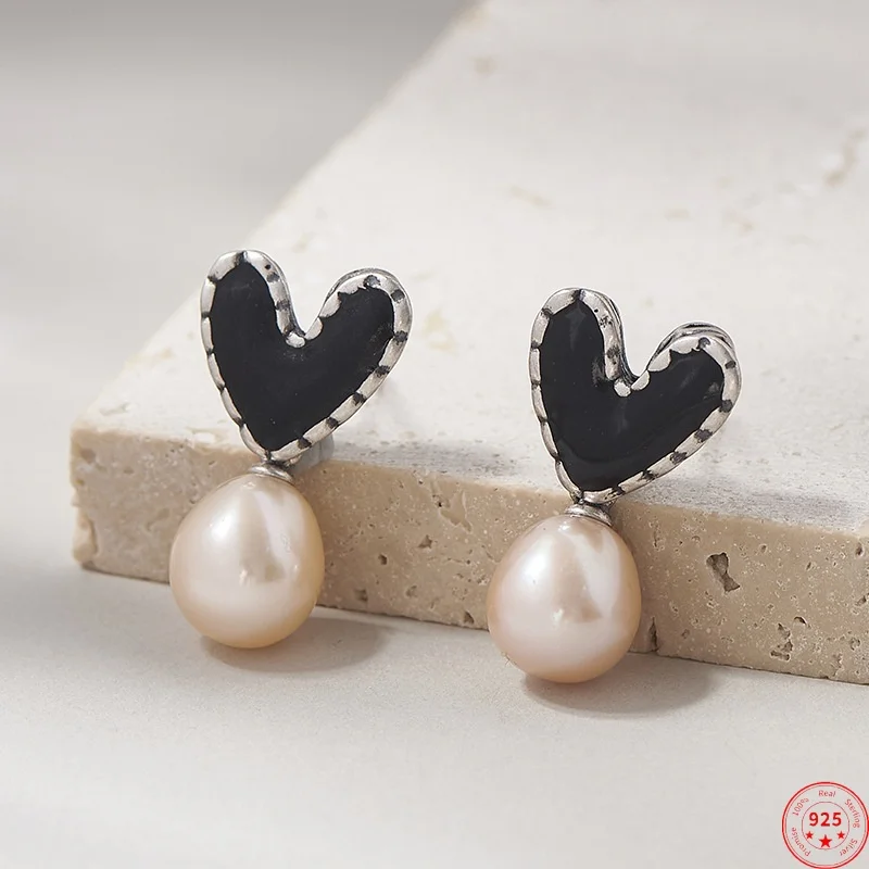 

S925 Sterling Silver Stud Earrings for Women New Argentum Edging Love Heart Agate Pearl Ear Studs Jewelry Wholesale