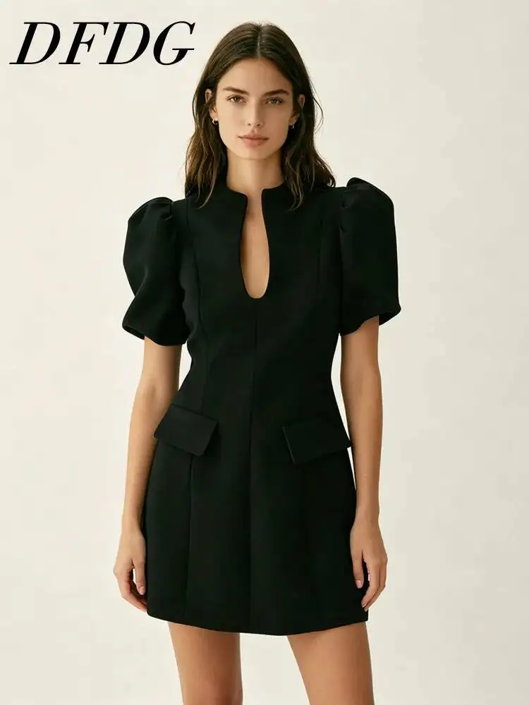 

DFDG Women 2026 Spring Summer Puff Sleeve Blazer Mini Dress Stand Collar Cutout Slim Waist Elegant Office Party Dress