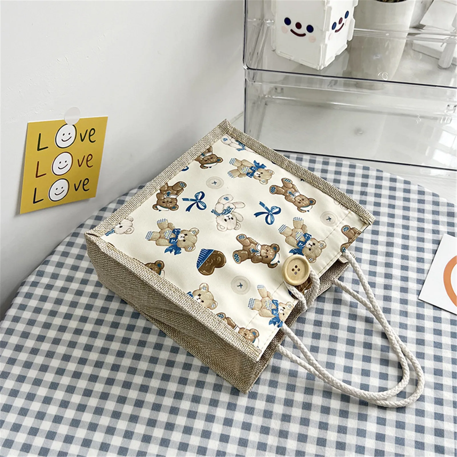 ISKYBOB Small Bear Handbag Women Linen Button Zipper Tote Bag Large Capacity Grocery Organizer Bag Portable Shopping Lunch Bag