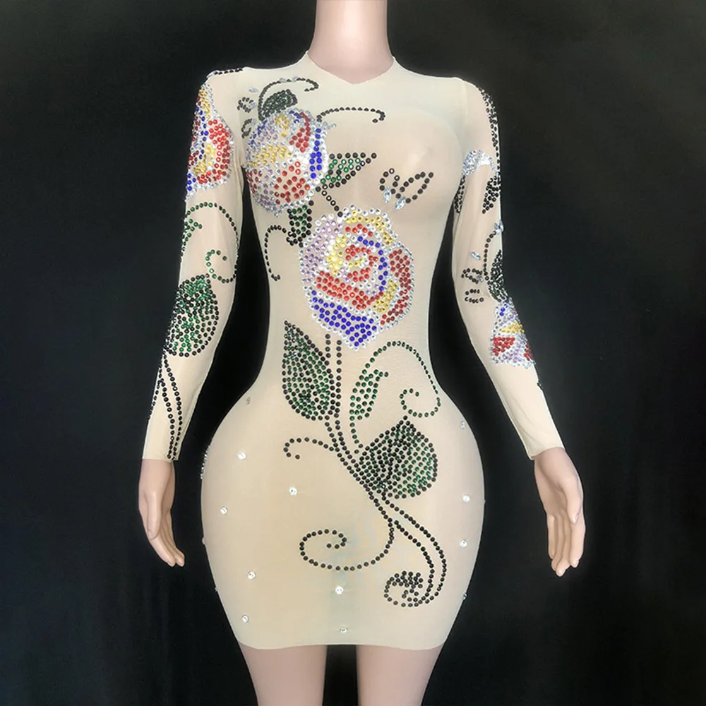 

Sexy Round Neck Long Sleeve Elastic Colorful Rhinestone Mini Dress Birthday Party Bar Female Singer Performance Clothing