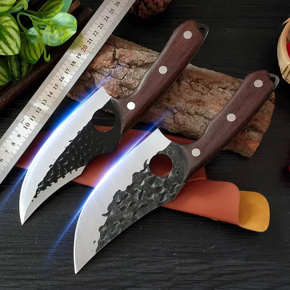 With Finger Hole Boning Knife Meat Cleaver Chopping Vegetables Kitchen Knives Hand Forged Blade Chef Slicing Knife Wooden Handle