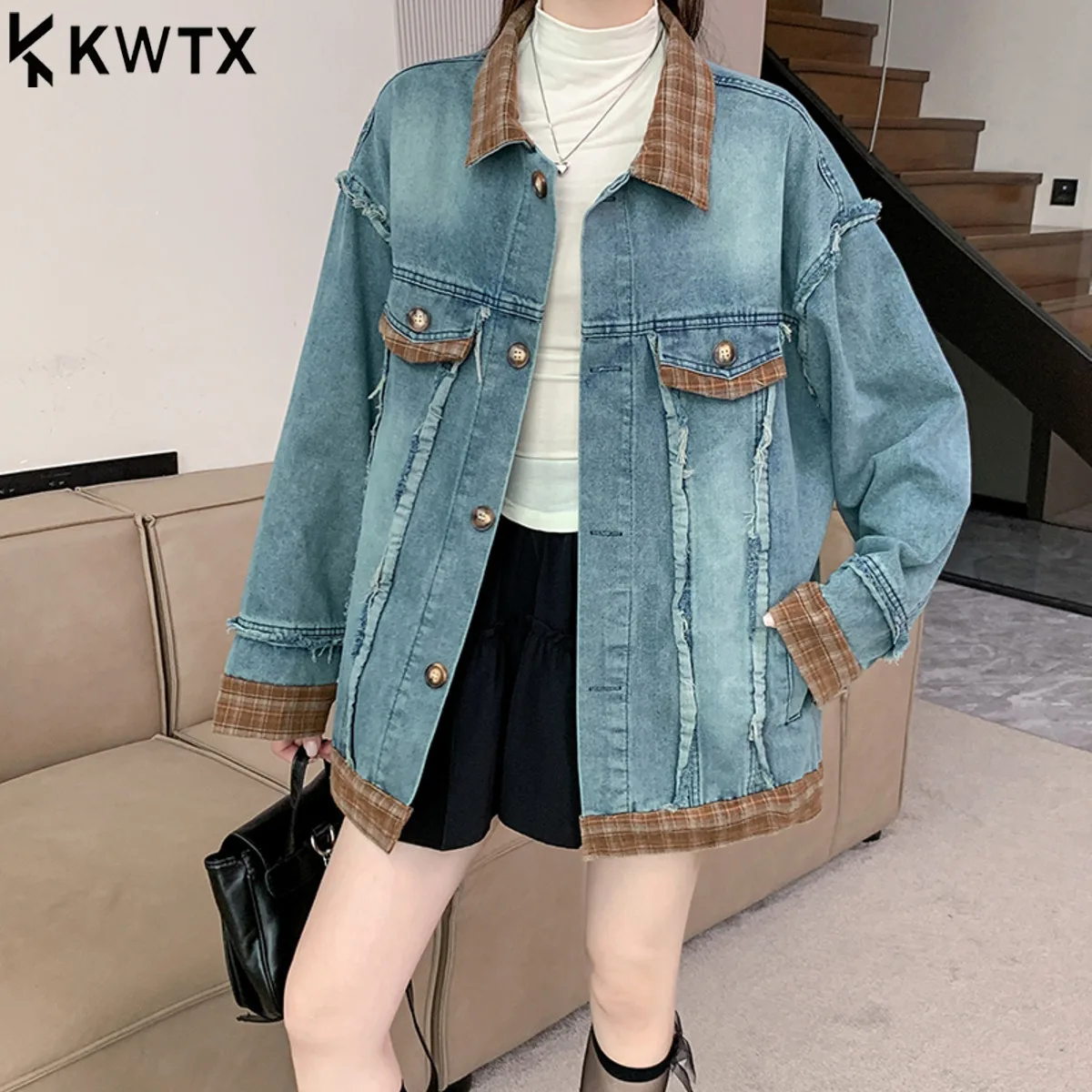 

KWTX 2025 Women's Denim Jacket Color Block Patchwork Plaid Single-Breasted Casual Vintage Designer New Spring Autumn Comfortable