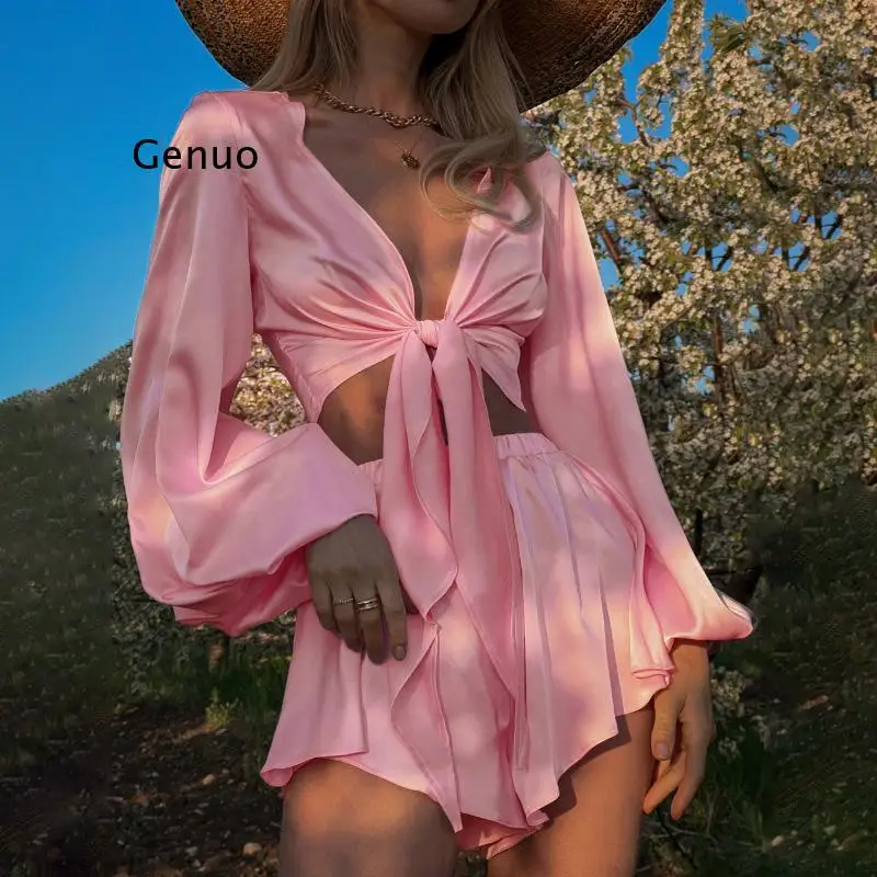 

2 Pcs Pink Women Short Sets Lantern Bubble Long Sleeve Blouse Tops Loose Two Piece Pants Tie Up Beach Casual Elegant Summer