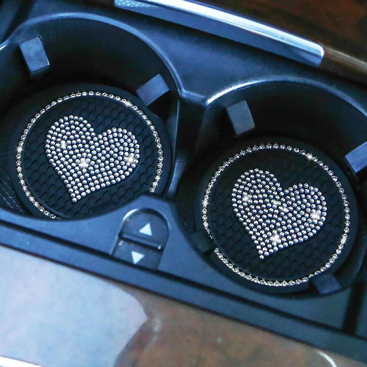 2Pcs Car Coaster, Black Car Rhinestone Water Cup Mat, Heart Shaped Rhinestone Inlaid Cup Mat For Car Interior, Universal Love He