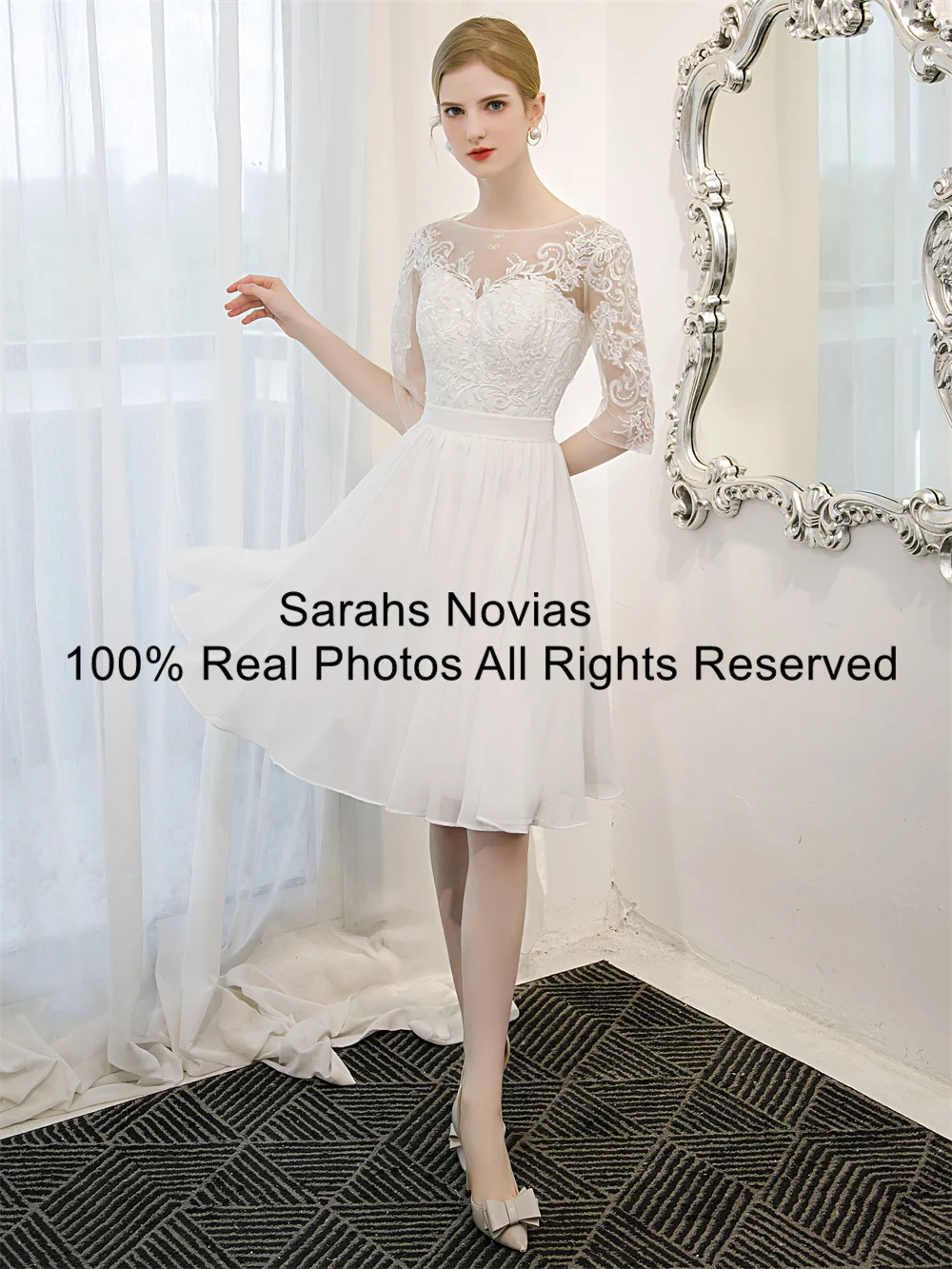 Knee Length Lace Chiffon Short Wedding Dresses With Half 1/2 Sleeves Women Summer A-line Informal Wedding Reception Gown