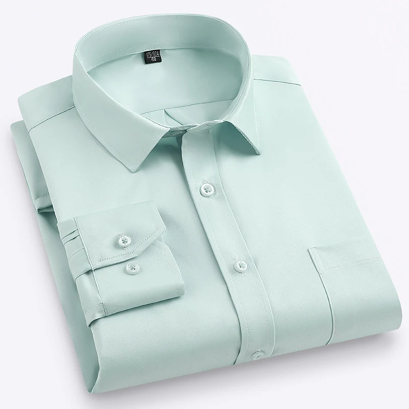 2025 New in Elastic Long-sleeve Shirts for Men Slim Fit Formal Plain Shirt Solid Color Single Pocket Office White Red Plus Size