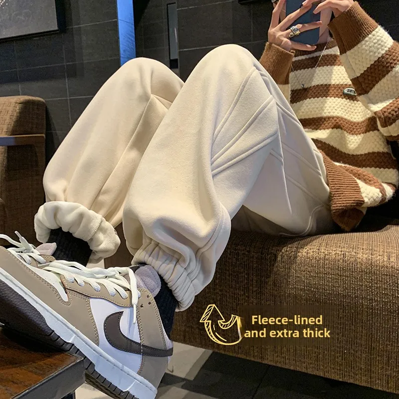 

Men's Fce Lined Thiened Casual Pants American Sports Trousers Winter Warm Harlan Pants Long Straight Tube Anti-Wrinkle