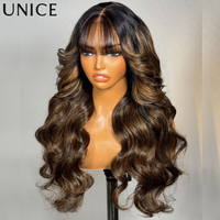 UNice Hair Drawstring Cap 13x4 Human Hair Lace Frontal Wig With Bangs FB30 Balayage Body Wave Wig Pre Everything Glueless Wigs