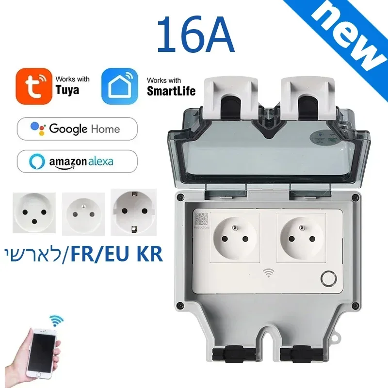 

Tuya Power Socket IP66 Outdoor EU FR IL Wifi Smart Waterproof Socket Box Smart Wall Plug Socket With Timer Home Appliance 220V