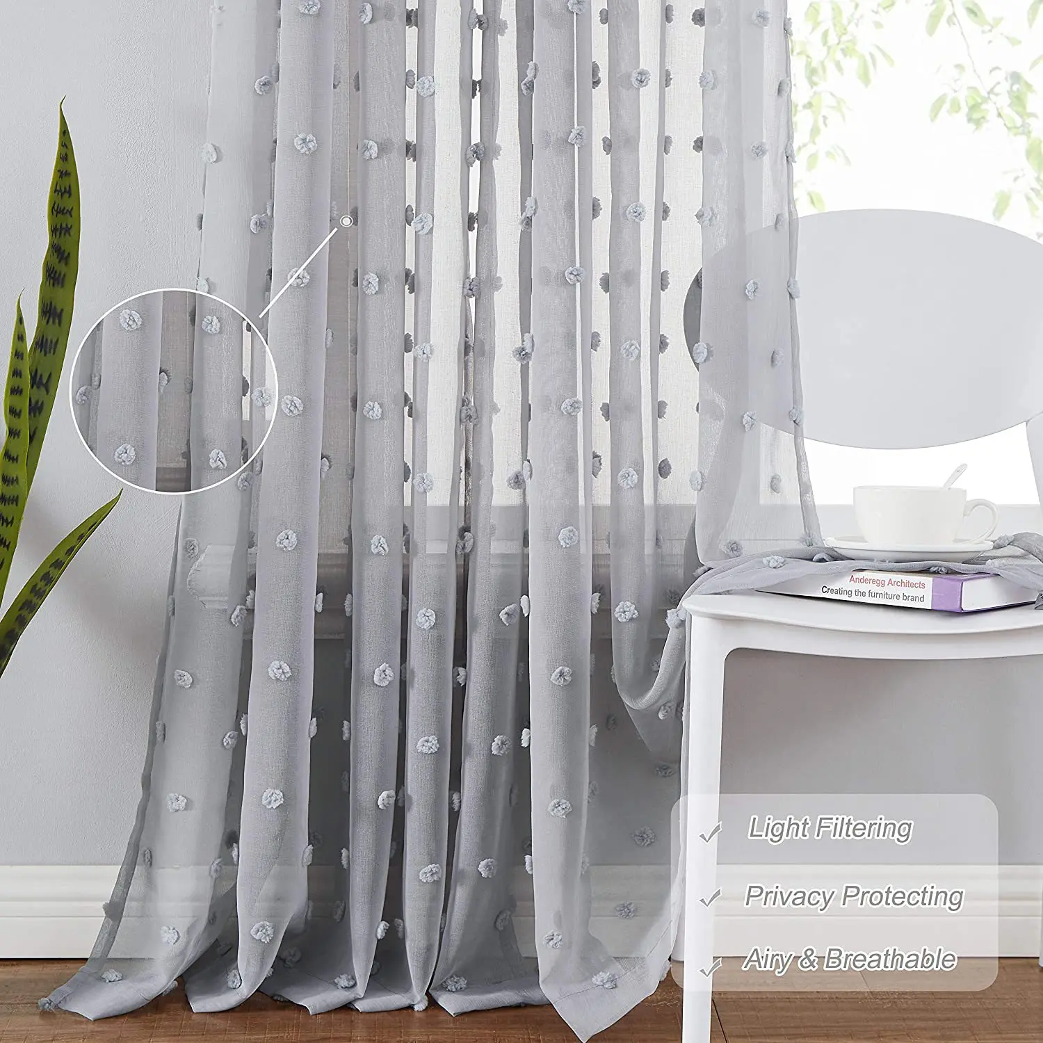 Modern Cute Ball Embroidered Sheer Curtains, Thickened Light-Filtering Balcony Window Shades, Bedroom Sun Protection Dustproof C