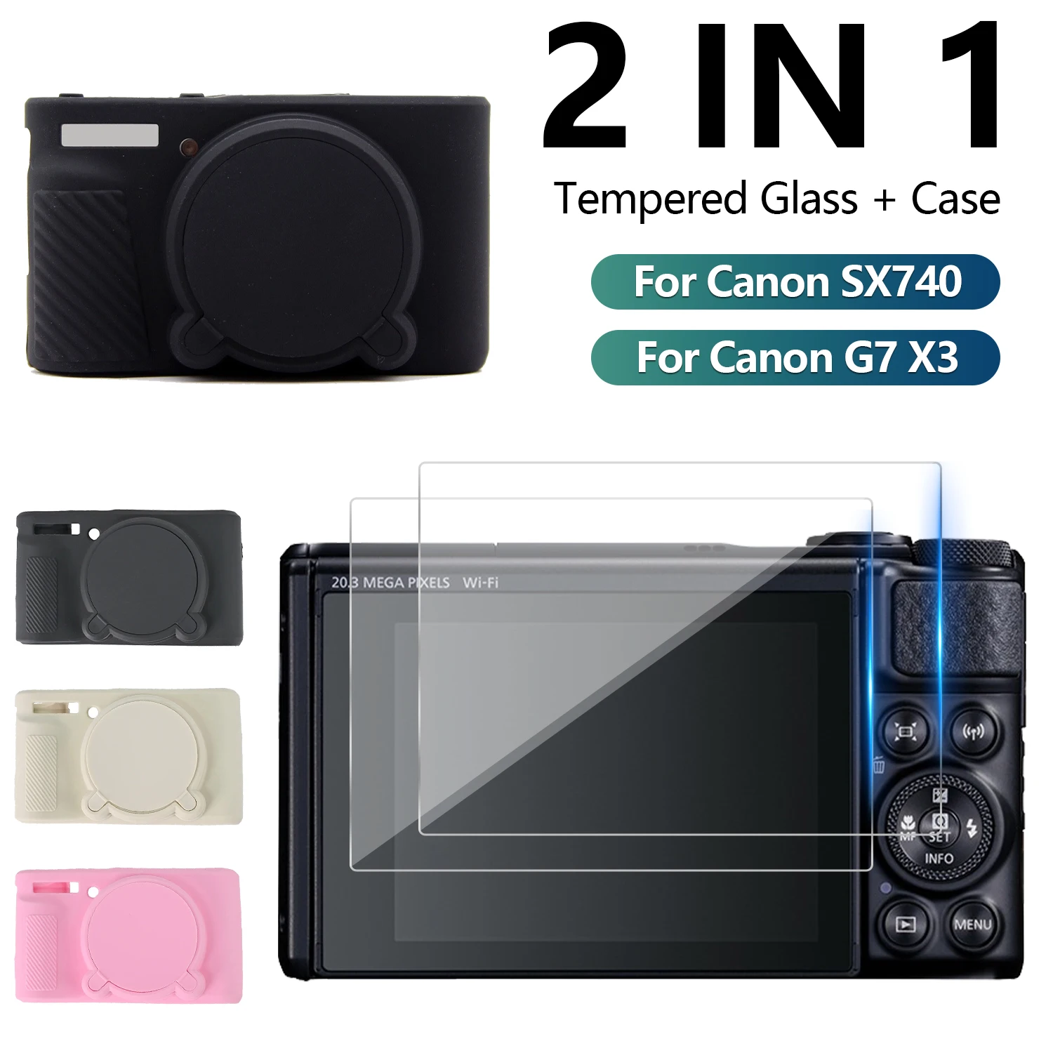 For Canon PowerShot G7 X Mark III SX740 SX730 Protective Silicone Case Cover Body Shell with Tempered Glass Film 2 in 1