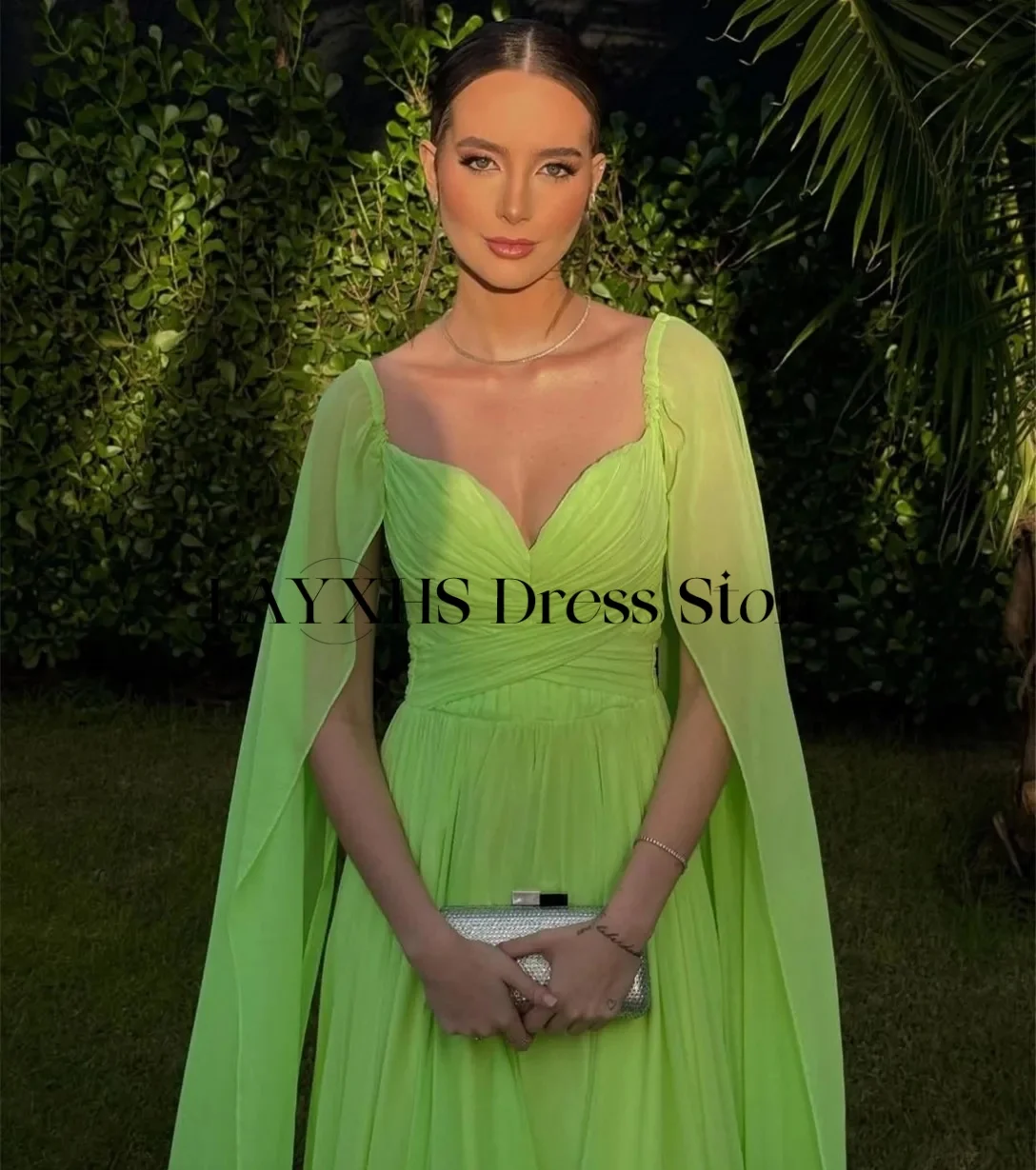 LAYXHS Novel Green V-Neck Evening Dresses A-Line With Cape Floor-Lenght Prom Dresses Customized فساتين سهره