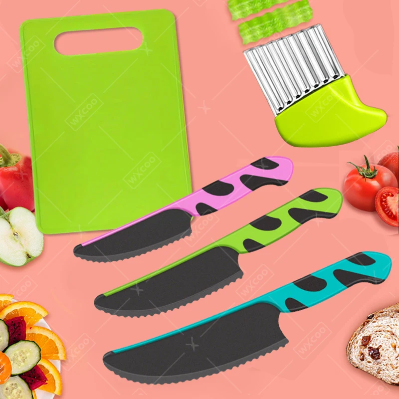 WXCOO Kinder-Küchenmesser, Kinder-Kochmesser-Set aus Kunststoff, Kinder-Schneidebrett für Kleinkinder, echtes Kochen, kindersichere Messer