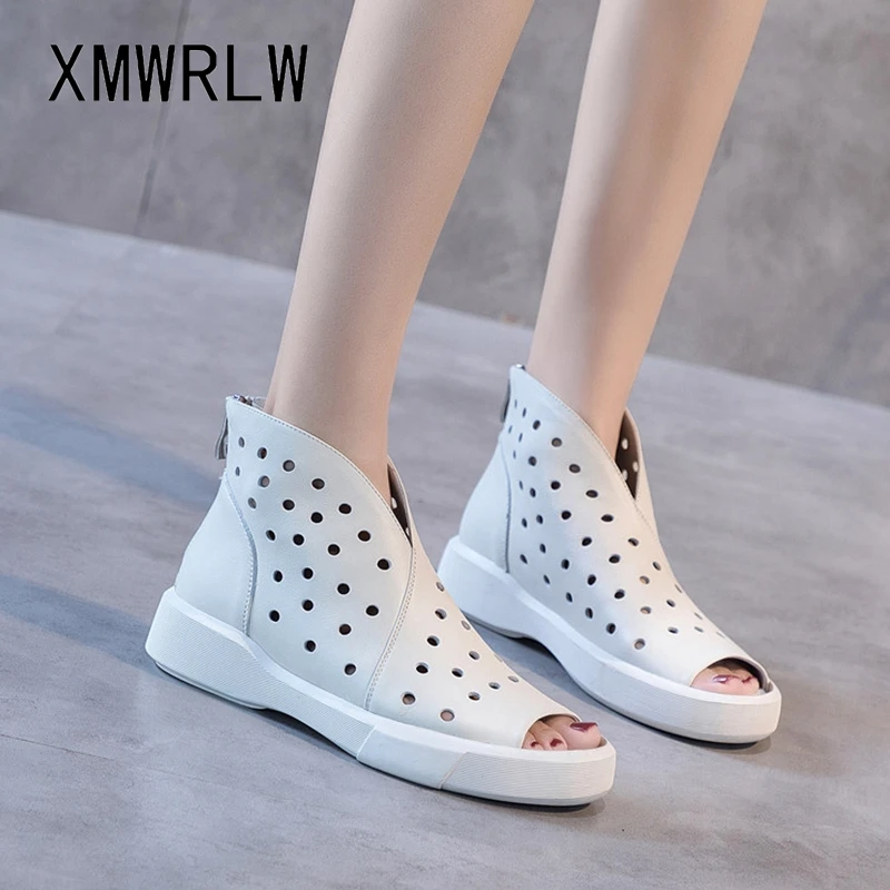 

XMWRLW Women's Summer Ankle Boots Genuine Leather Flat Shoes 2023 Summer Women Boots Rubber Sole Female Ankle Boot Flat Shoes