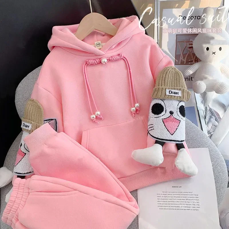 Fleece Warm Girls\' Hoodies Trousers Suit Autumn Winter Cat Printed Children\'s Sweater Jumper Casual Big Kids Sports Clothes Set