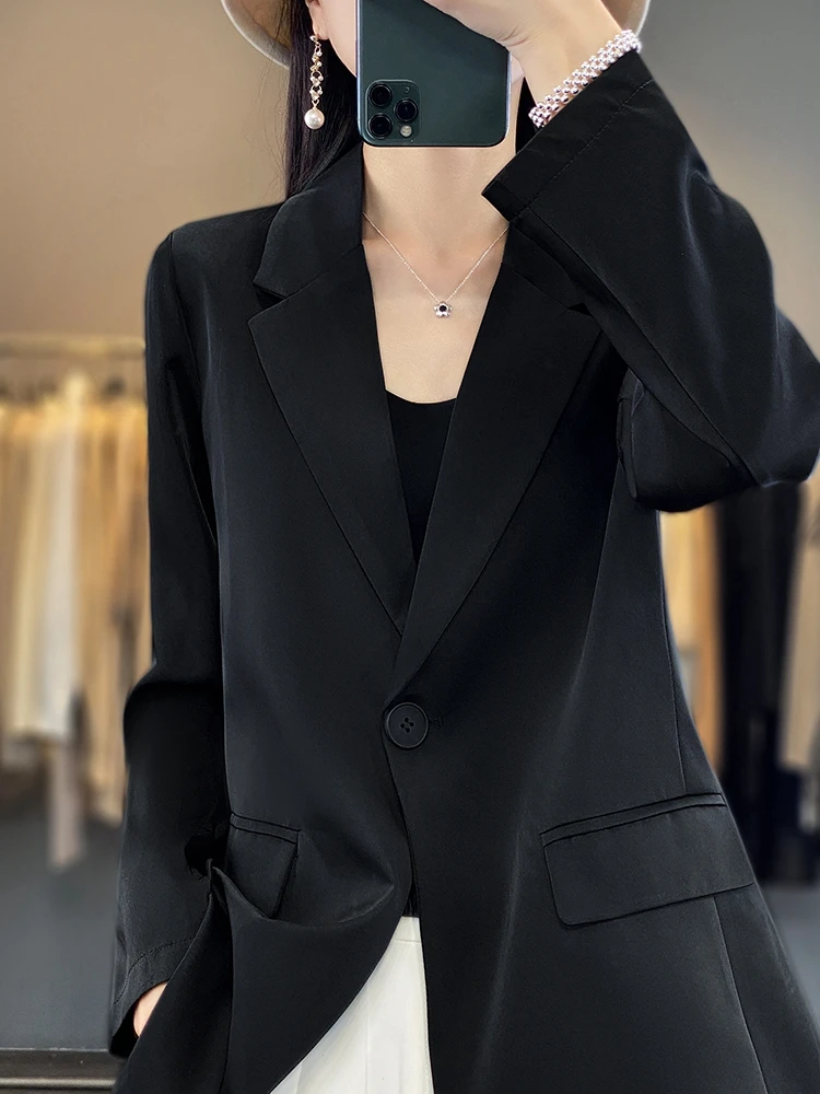 Spring and Autumn Upscale Latest Women's Temperament Solid Color Acetate Satin Smooth Fabric High Grade Fashion Suit Top