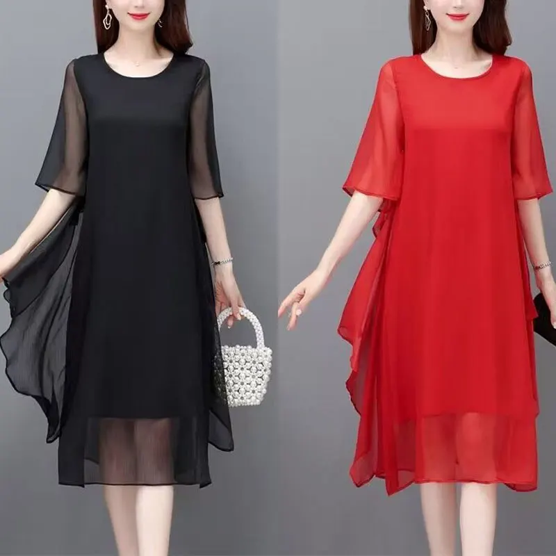 Gaun warna dasar polos wanita, Ruffles gaya disambung musim panas lengan pendek tidak beraturan pakaian wanita longgar kasual O-Neck Midi Dress