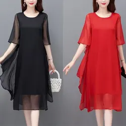 Abito longuette con scollo a o tinta unita da donna Basic elegante volant impiombato abiti irregolari a maniche corte abbigliamento allentato estate Casual