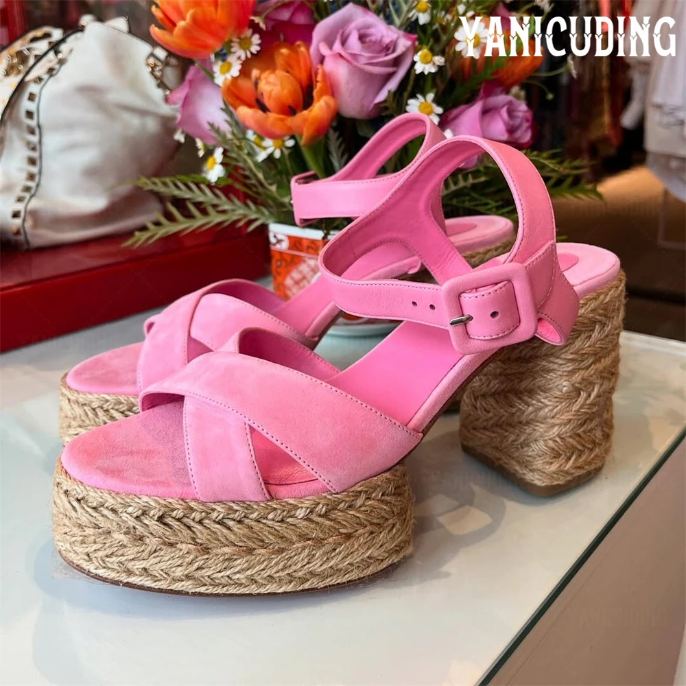 

Criss Cross Suede Espadrille Sandals Adjustable Leather Ankle Strap Platform Sandals Designer Style Almond Open Toe Chunky Heels