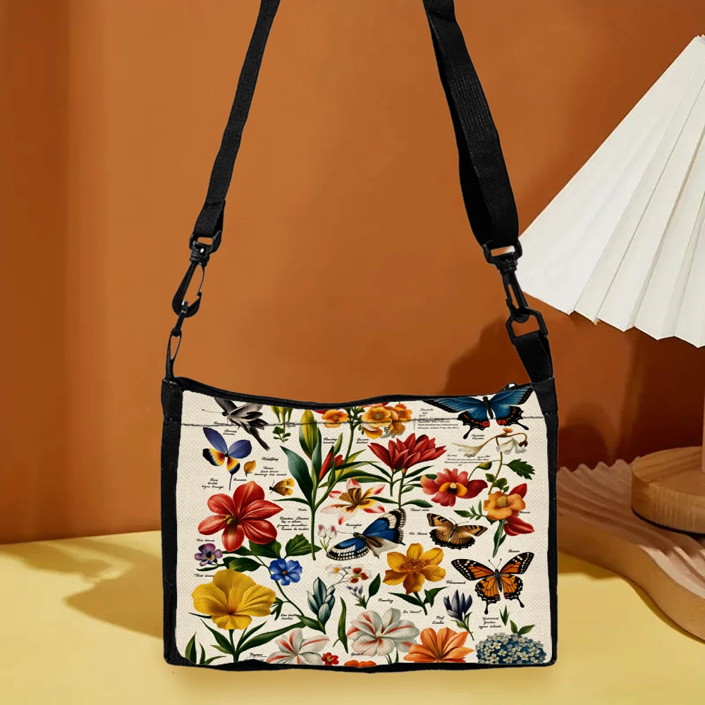 Floral Botanical Print Crossbody Bag Cream Color With Butterflies And Flowers Pattern Shoulder Bags For Women Outdoor Travel Sho
