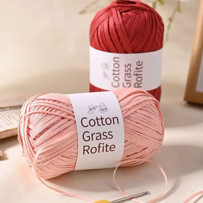 50g 125M Hilo de Rafia de Algodón para Tejer Bolsos DIY, Material de Lana para Tejer, Hilo para Sombreros de Paja de Verano, Material Hecho a Mano