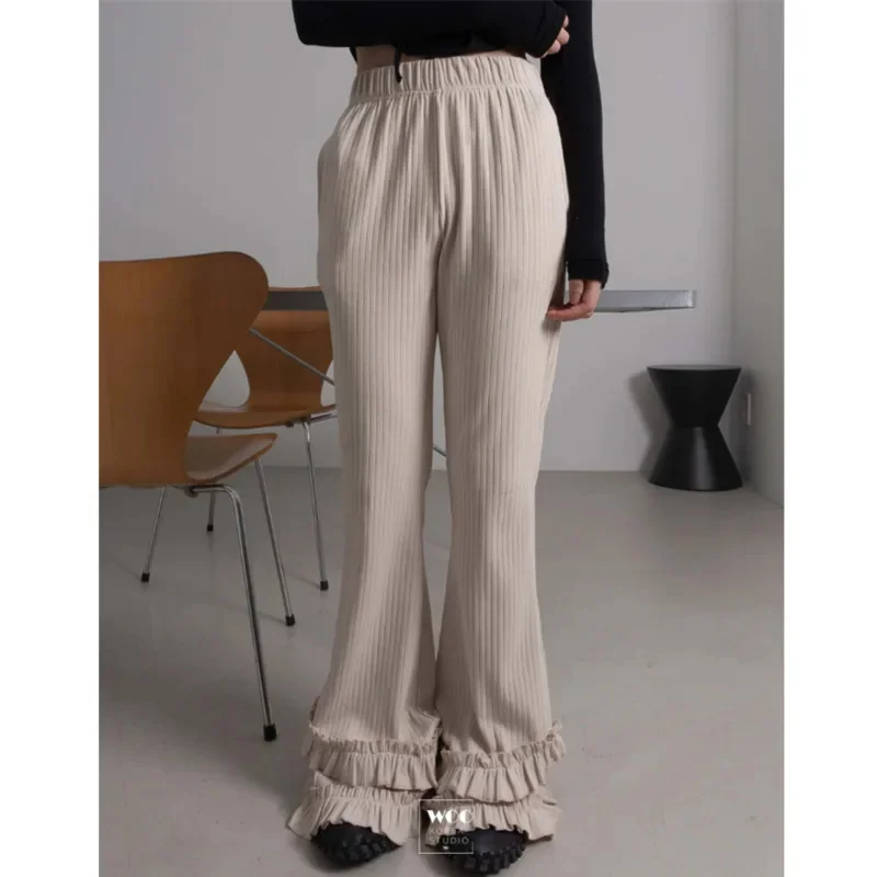 Y2K Fungus Edge Pants Women 4 Season Korea Ins Harajuku Japan Fungus Lace Solid Color Trumpet Slim Fit Elastic Loose Pants New
