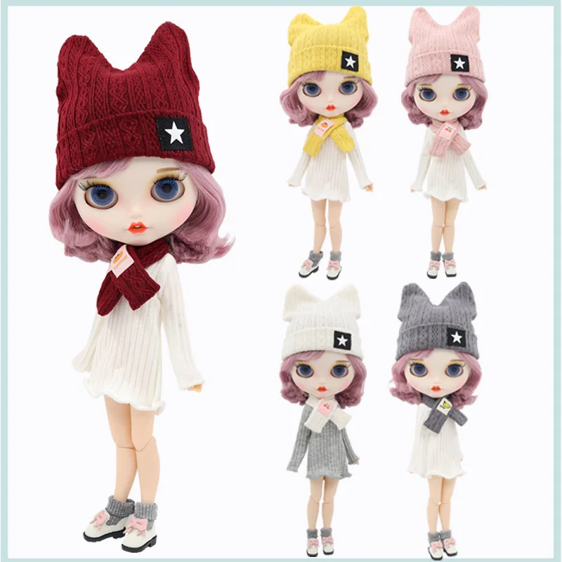 

New Arrival Blythe Doll Clothes Cute Knitted Cat's ears Hoodie Hat Scarf for Blyth OB24 Clothing accessories 1/6 Dolls Outfit