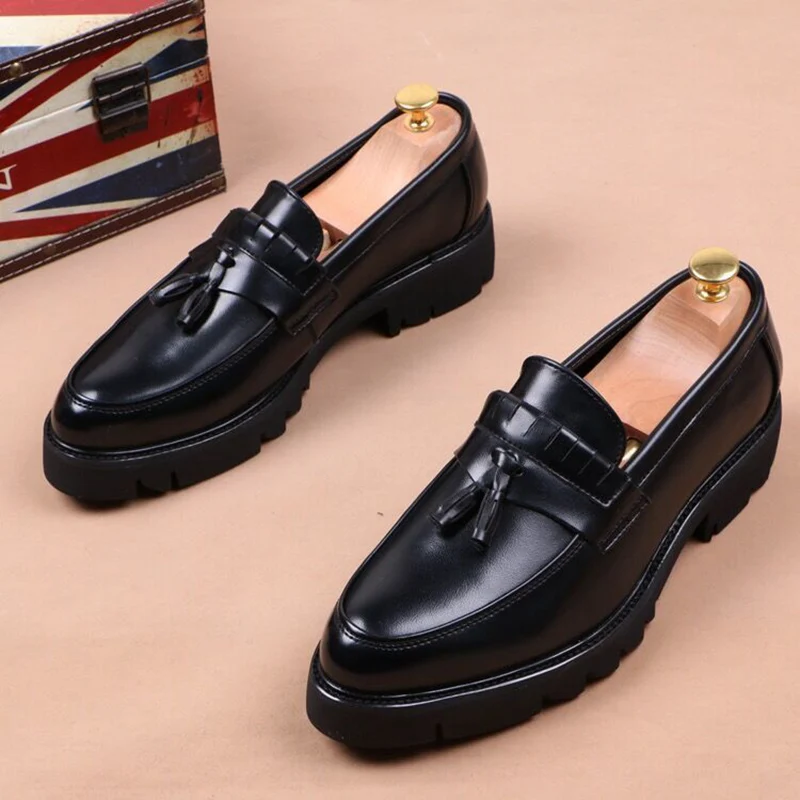 Korean style mens casual business wedding formal dress soft leather shoes slip on tassels shoe black tide platform loafers male