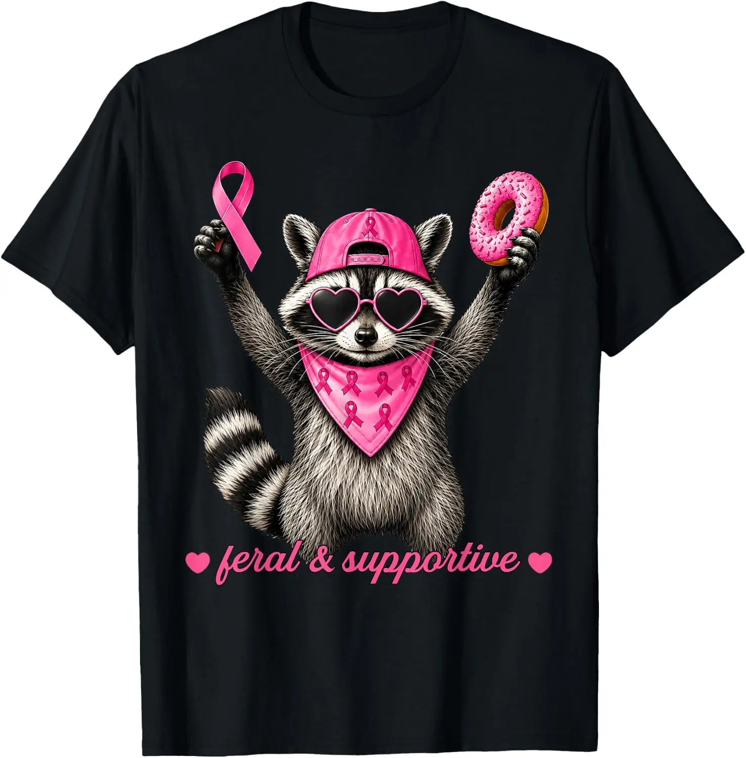 Feral And Supportive Raccoon Pink Ribbon Breast Cancer Boy T-Shirt Men Women Unisex Novelty Graphic T‑Shirt, Classic Crew Neck 100% Cotton Tee, Lightweight Anti‑Pilling Breathable Casual Tops, Year‑Round Daily Outfit, Holiday Birthday Present Tee