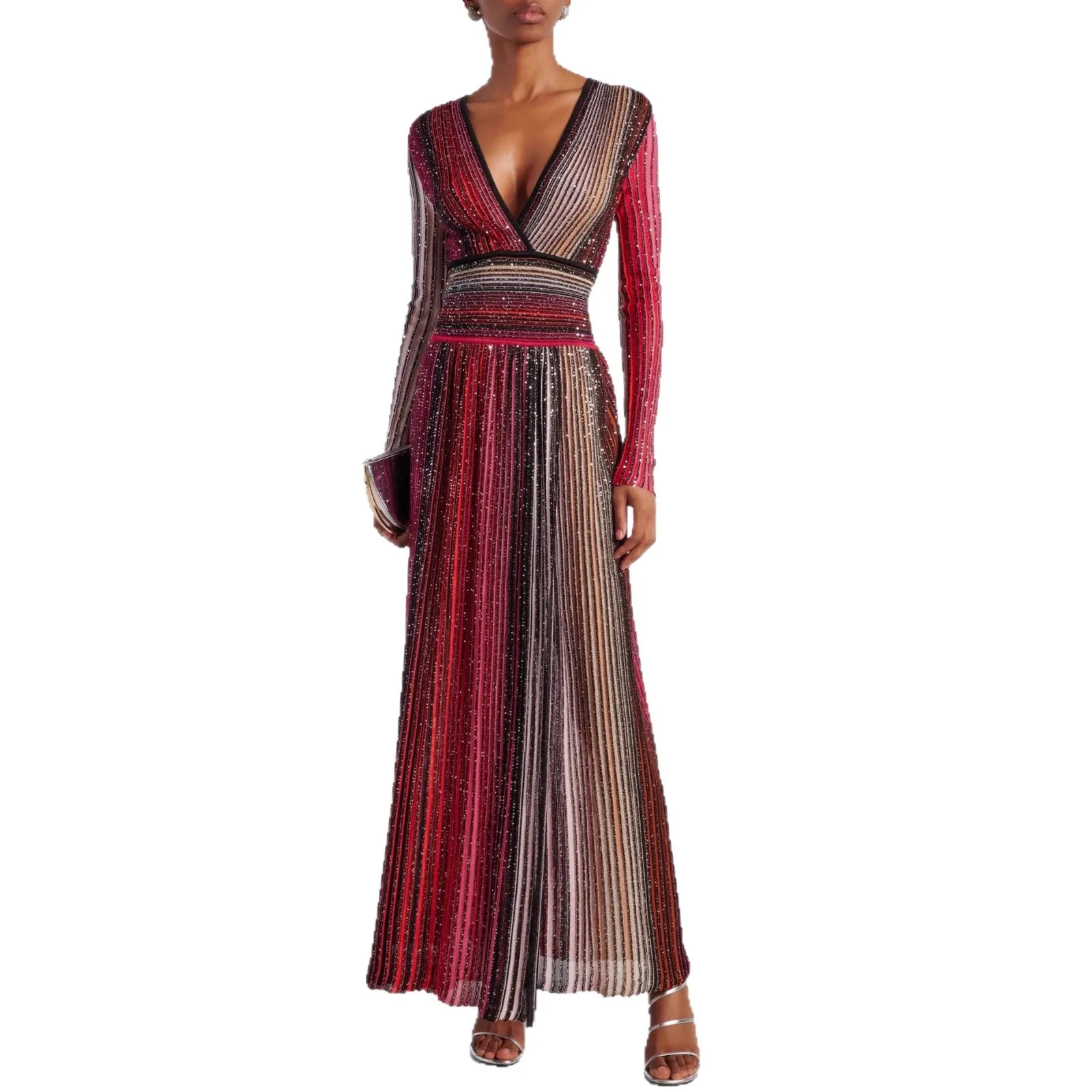 

Miyake Style Women's Dresses 2006 New High-end Quality Celebrity Temperament Slim Slim Long-sleeved Slit Knitted Dress for Women