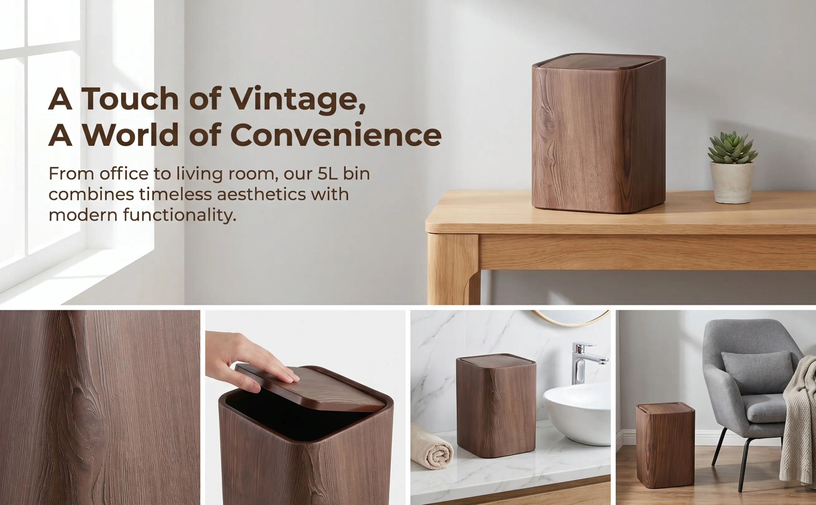 8.5L Wood Grain Garbage Can Lid Stable PP Material Swing Lid Waste Bin Bedroom Bathroom Kitchen Home Office Trash Basket