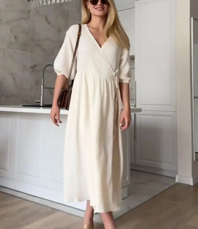 

Short Sleeve Summer Women Dress Lace Up Waist Fashionable Street Elegant Casual Style Summer Vacation Sundress