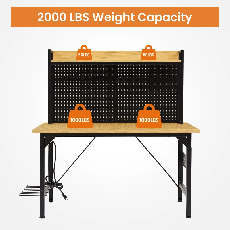 48''Adjustable Workbench with pegboard, Heavy Duty Wooden Desktop Workbench with Wheels, 1600 lb. Load Capacity, Rolling Workben