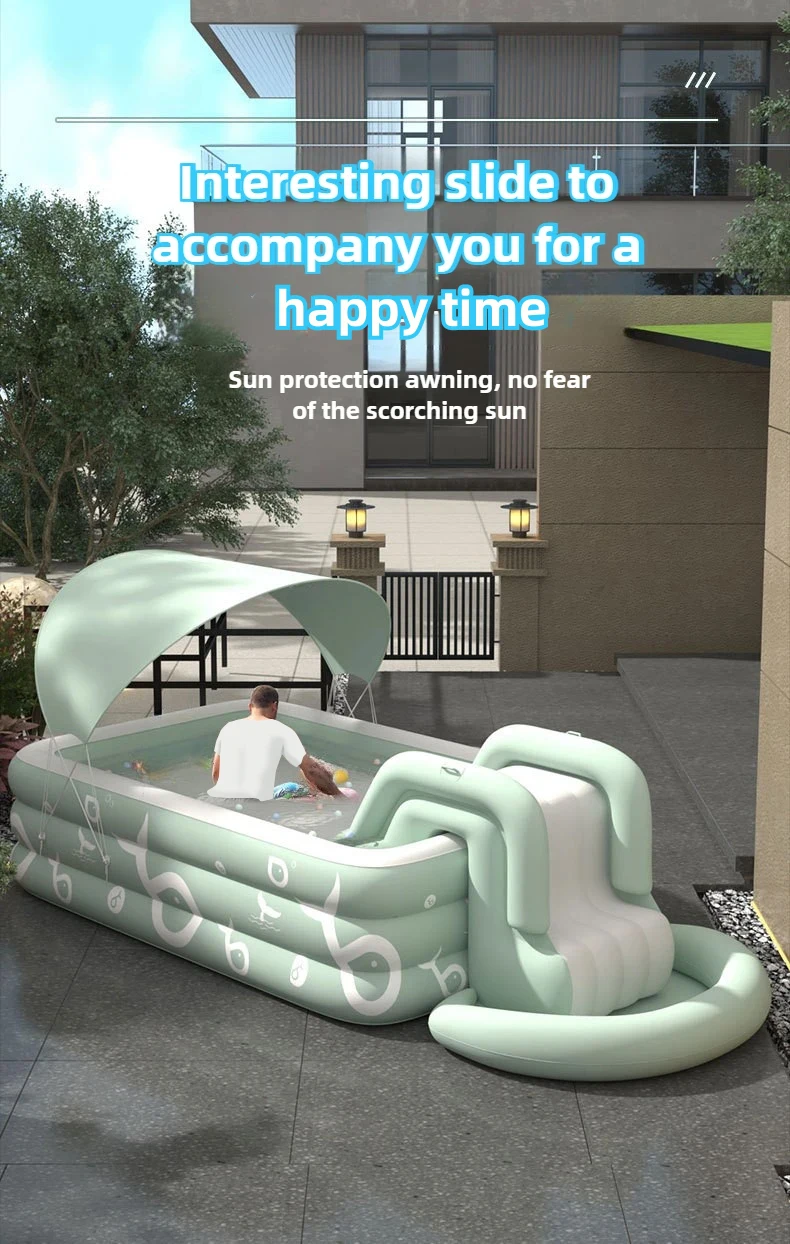 2M Inflatable Swimming Pool Large Family Wading Pool Thickened PVC 3-Ring with Drain Valve Garden Backyard Water Party for Adult