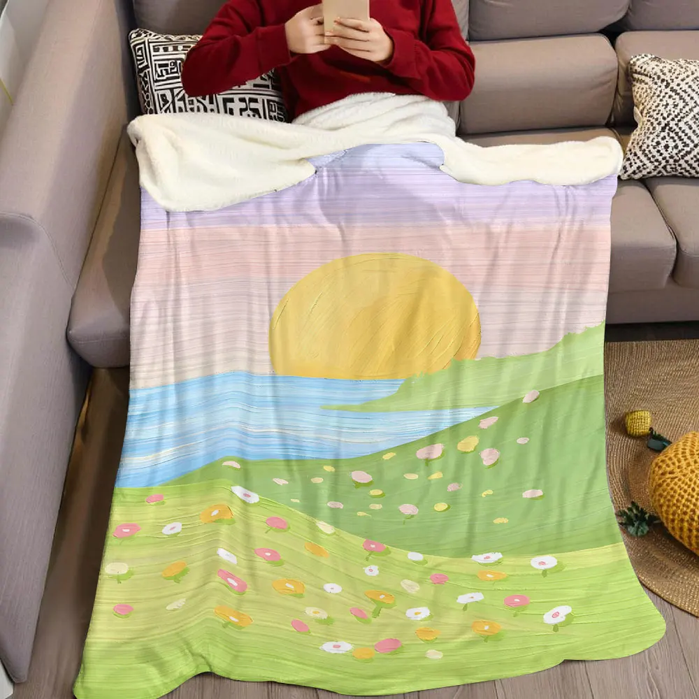 Oil Painting Sunset Meadow Flannel Blanket Warm Soft Halloween Christmas Decorative Couch Warm Cozy All-Season Gift