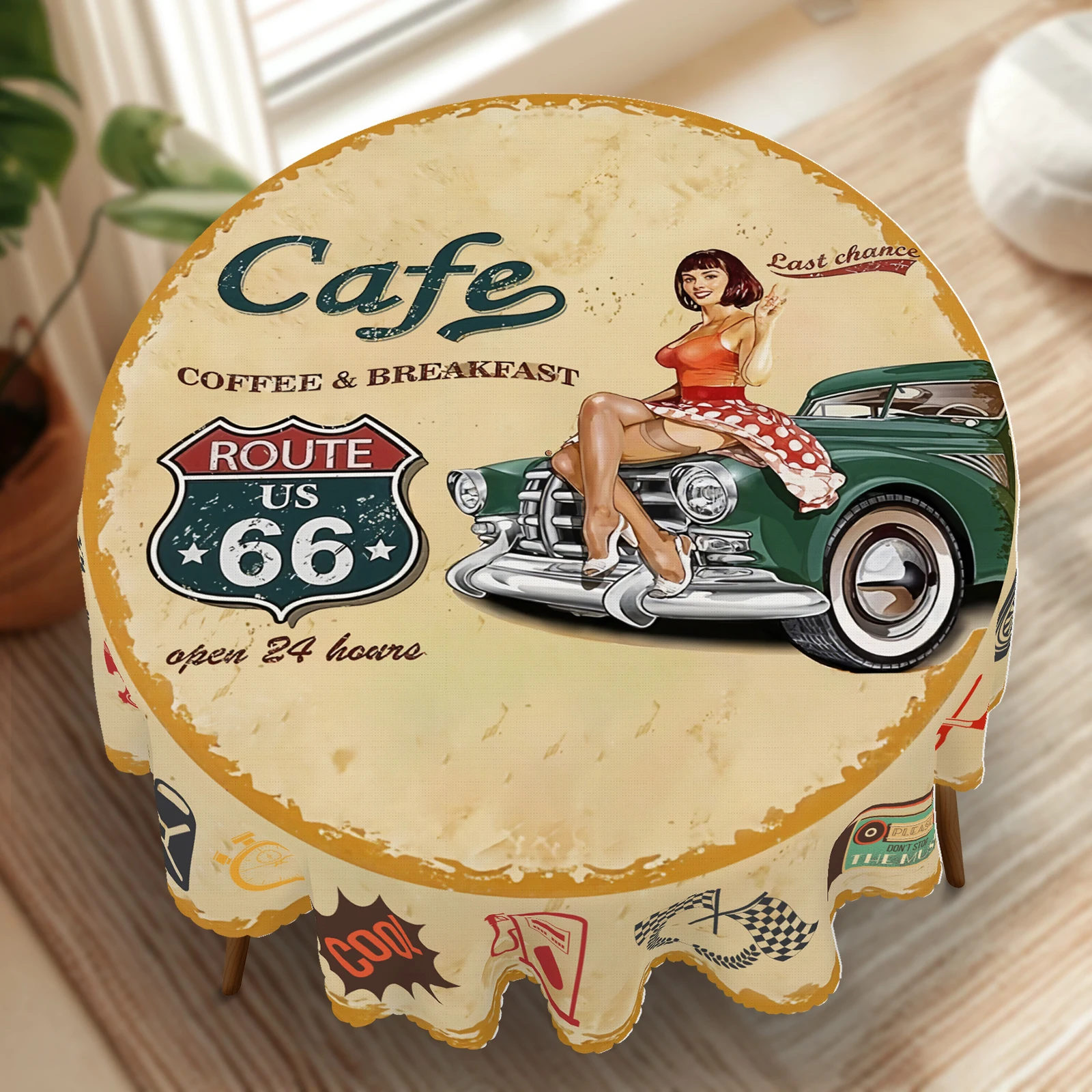1 Piece, Retro Atmosphere Coffee Car Theme Tablecloth + 4 Pieces of Self-Adhesive Stickers, Girl Sitting on the Car Print Pattern, Racing Flag Radio Pattern, Suitable for Home Kitchen Decoration, Room Decoration, Party Tablecloth, Kitchen Decoration Cloth, Room and Outdoor Personalized Decoration, Perfect Gift, Coffee Shop Decoration Tablecloth, Spring, Summer, Autumn and Winter Decorative Tablecloth-T077