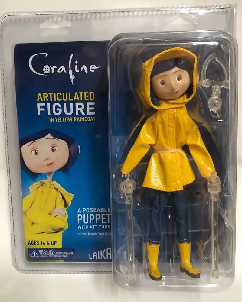 NECA Anime Coraline Doll Figura anime articolata Maglione impermeabile in camicia a righe Giocattolo LA Ragazza Decorazione Modello Regali di compleanno